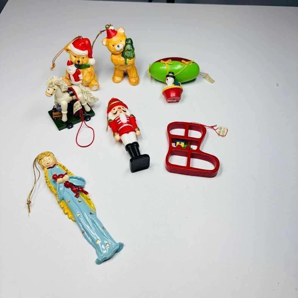 Vintage Mixed Christmas Ornament Lot — Nutcracker, Bears, Angel, Rocking Horse &